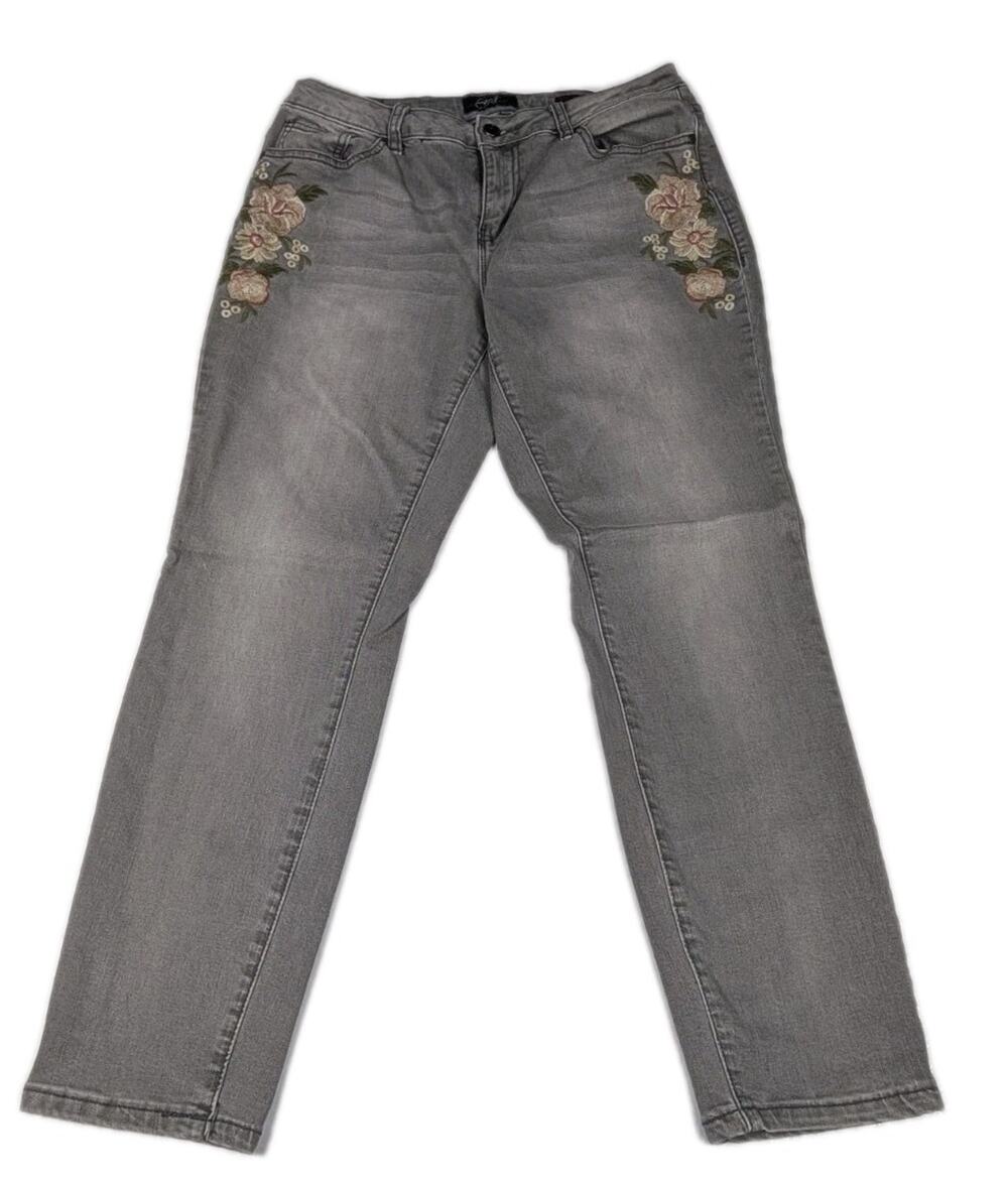 Earl Jean Women's Floral Embroidered Skinny Ankle Faded Jeans Gray Size 12